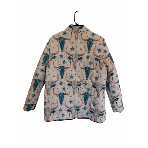 Women's Large Cream Blue Brown Longhorn Icon Quilted Clasp Long Sleeve Jacket - Picture 4 of 9
